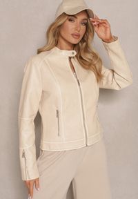 Renee - Beżowa Kurtka w Stylu Ramoneski z Ozdobnymi Paskiem i Suwakami Idivane. Okazja: na co dzień. Kolor: beżowy. Materiał: jeans. Styl: casual, rockowy