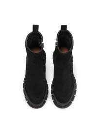 Kazar - Botki damskie z zamszu ozdobione taśmą z logotypem. Wysokość cholewki: za kostkę. Kolor: czarny. Materiał: zamsz. Szerokość cholewki: normalna. Wzór: aplikacja. Styl: klasyczny #2