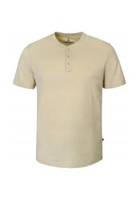 Beżowy Męski T-Shirt, Dekolt z Guzikami - Pako Jeans. Okazja: na co dzień. Kolor: wielokolorowy, beżowy, brązowy. Materiał: bawełna. Styl: casual