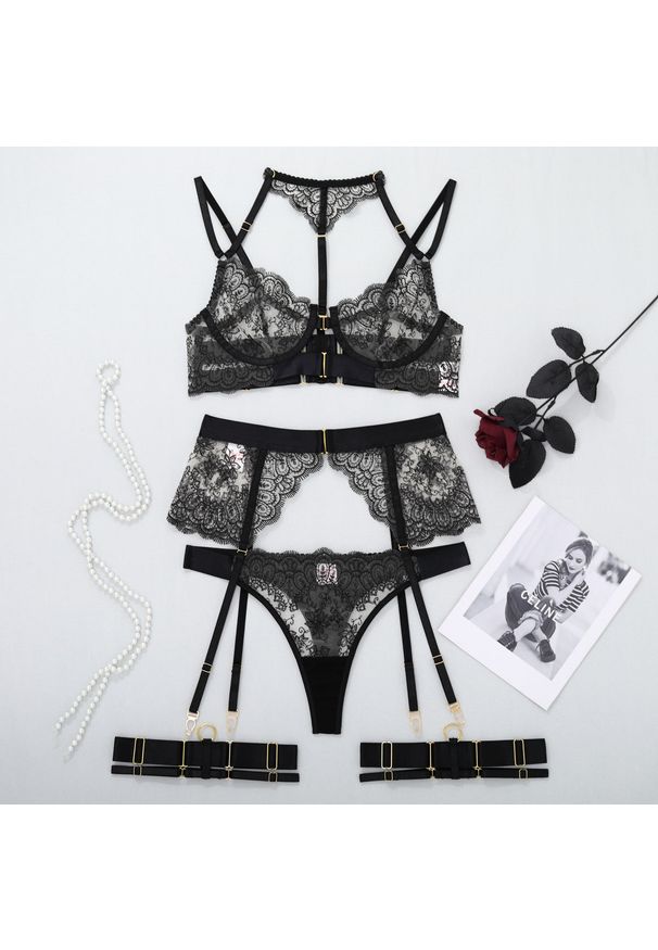Intica - Zestaw bielizny koronkowej z regulowanymi ramiączkami Karrie. Kolor: czarny. Materiał: koronka. Wzór: koronka