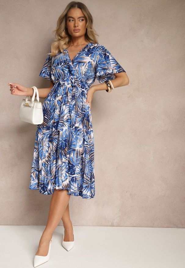 Renee - Granatowa Plisowana Rozkloszowana Sukienka z Bawełną Culinea. Okazja: na co dzień, na imprezę. Kolor: niebieski. Materiał: bawełna. Styl: klasyczny, casual