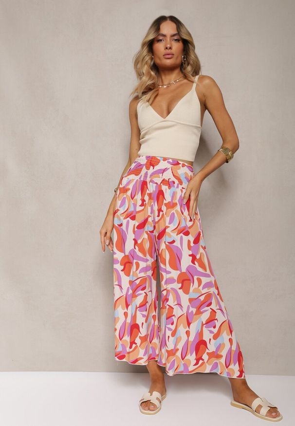 Renee - Beżowo-Różowe Spodnie Kuloty z Wiskozy High Waist z Gumką w Pasie Alaqinta. Okazja: na co dzień. Stan: podwyższony. Kolor: beżowy. Materiał: wiskoza. Styl: elegancki, casual