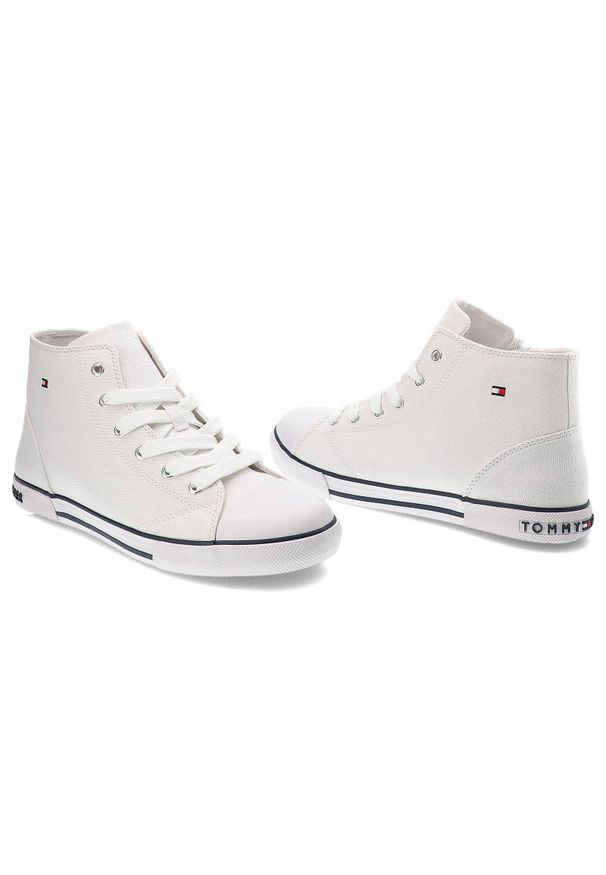 TOMMY HILFIGER - Trampki damskie Tommy Hilfiger, cholewka z materiału syntetycznego sznurowane podwyższona cholewka tekstylne wnętrze, sznurowane, T3X4-32209-0890100. Okazja: na co dzień. Kolor: biały. Materiał: syntetyk, materiał. Szerokość cholewki: normalna. Wzór: aplikacja. Styl: casual, klasyczny, sportowy