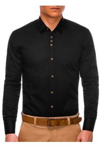 Ombre Clothing - Koszula męska z kontrastowymi guzikami SLIM K302 - czarna - XL. Kolor: czarny. Materiał: bawełna, elastan. Wzór: aplikacja #3