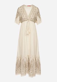 Born2be - Jasnobeżowa Wiskozowa Sukienka z Kopertowym Dekoltem i Haftem z Metaliczną Nicią Emhiris. Okazja: na co dzień. Kolor: beżowy. Materiał: wiskoza. Długość rękawa: krótki rękaw. Wzór: haft. Typ sukienki: kopertowe. Styl: klasyczny, casual #7