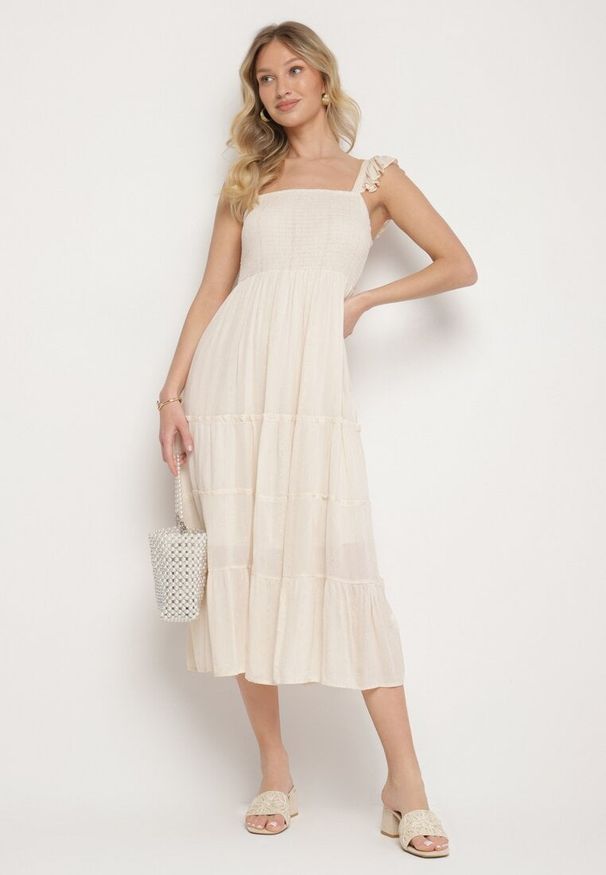 Born2be - Beżowa Wiskozowa Sukienka na Ramiączkach Zdobiona Metaliczną Nicią Iffrisse. Okazja: na co dzień. Kolor: beżowy. Materiał: wiskoza. Długość rękawa: na ramiączkach. Wzór: aplikacja. Styl: casual