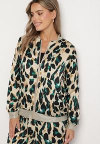 Born2be - Beżowo-Zielona Kurtka Bomberka w Panterkę ze Ściągaczami Irira. Okazja: na co dzień, na spacer. Kolor: beżowy. Materiał: jeans. Długość rękawa: długi rękaw. Długość: długie. Wzór: motyw zwierzęcy. Styl: casual, elegancki #1