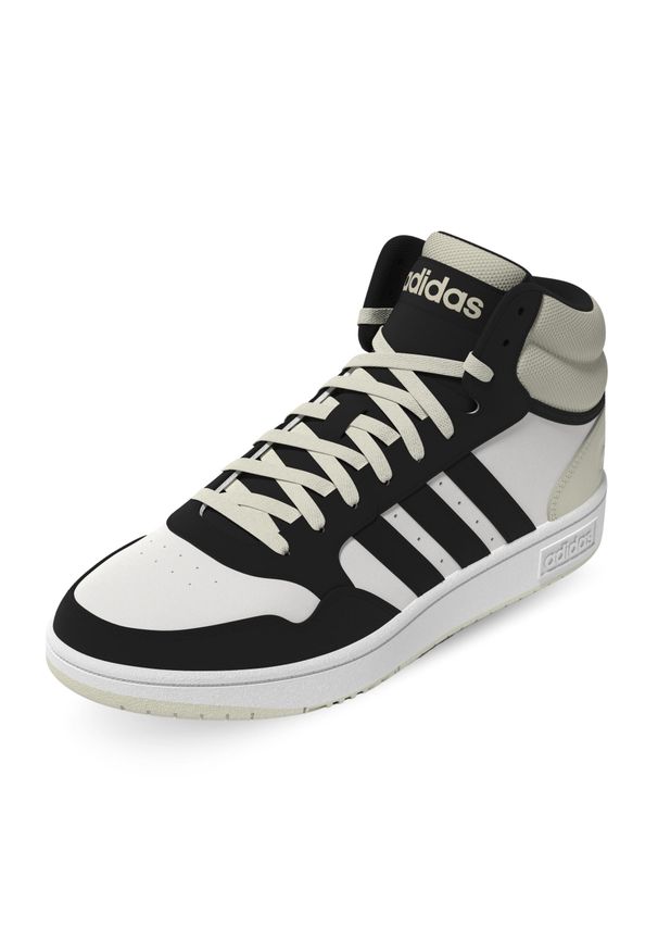 Adidas - Buty Hoops 3.0 Mid Rozmiar 42 - IH0157 Biały. Okazja: na co dzień. Zapięcie: pasek. Kolor: biały. Materiał: skóra, syntetyk. Szerokość cholewki: normalna. Wzór: paski. Sport: koszykówka