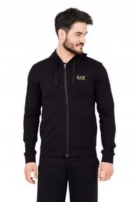 EA7 Emporio Armani - EA7 Męska czarna bluza z kapturem i złotym logo, Rozmiar M. Typ kołnierza: kaptur. Kolor: czarny
