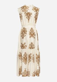 Born2be - Jasnobeżowa Rozkloszowana Sukienka z Wiskozy z Wiązanym Paskiem w Etniczny Wzór Mirinora. Okazja: na co dzień. Typ kołnierza: dekolt w kształcie V. Kolor: beżowy. Materiał: wiskoza. Styl: klasyczny, casual, elegancki, boho #3