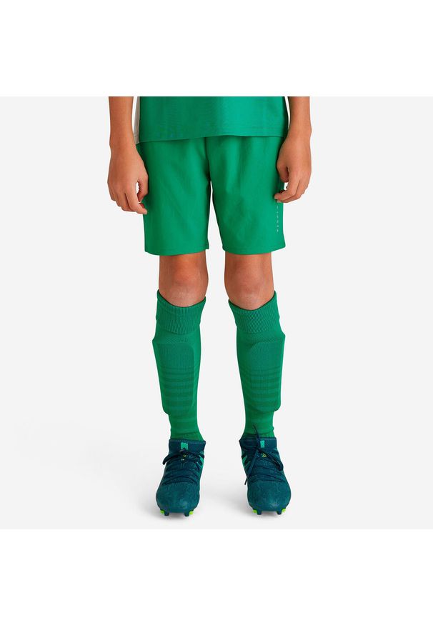 KIPSTA - Spodenki piłkarskie dla dzieci Kipsta Viralto Club. Kolor: zielony. Materiał: poliester, elastan, poliamid, materiał. Sezon: lato. Styl: sportowy