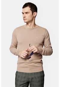 Lancerto - Sweter Beżowy z Bawełną Gładki Tony. Kolor: beżowy. Materiał: elastan, bawełna. Wzór: gładki
