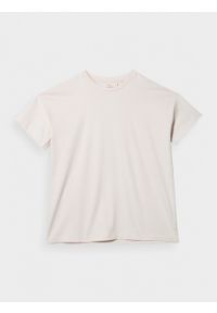 outhorn - T-shirt oversize z haftem damski - kremowy. Okazja: na co dzień. Kolor: kremowy. Materiał: dzianina, bawełna. Wzór: haft. Styl: casual