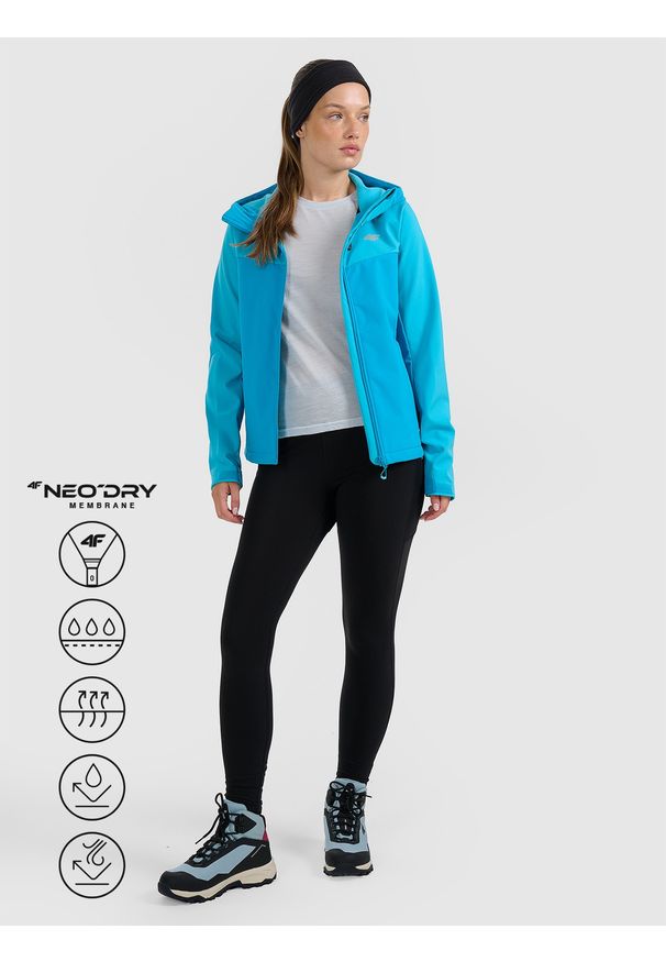 4f - 4F Kurtka softshell wiatroodporna membrana 8000 damska - niebieska S. Kolor: niebieski. Materiał: softshell. Technologia: Primaloft. Sport: turystyka piesza, wspinaczka