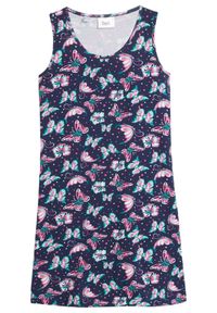 bonprix - Letnia sukienka dziewczęca z bawełny organicznej. Kolor: niebieski. Materiał: bawełna. Długość rękawa: na ramiączkach. Wzór: nadruk, aplikacja. Sezon: lato #1
