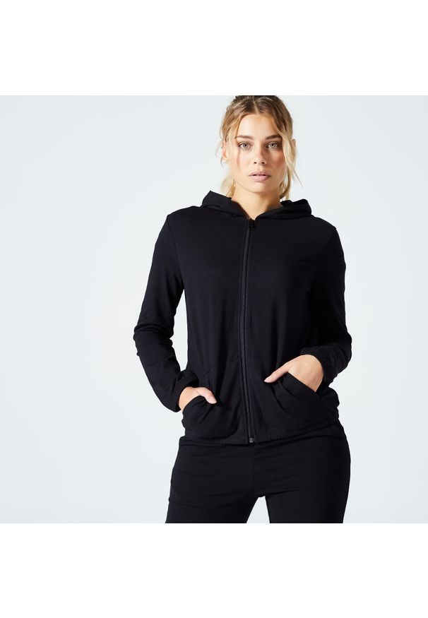 DOMYOS - Bluza na zamek damska Domyos Gym & Pilates 100. Kolor: czarny. Materiał: bawełna, materiał, elastan. Sport: joga i pilates