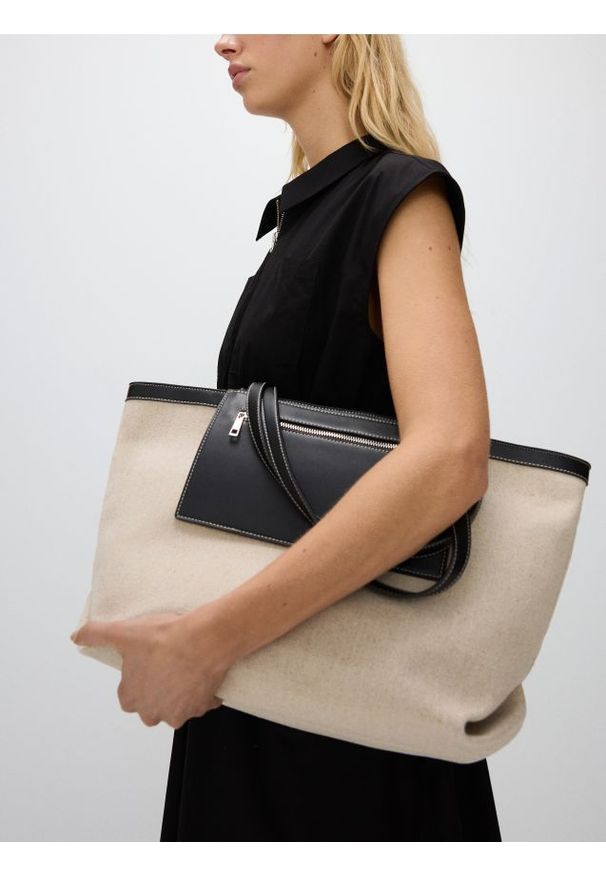 Reserved - Torebka shopper z tkaniny - złamana biel. Materiał: skórzane