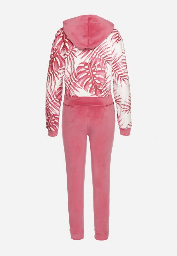 Born2be - Różowy Komplet Dresowy z Weluru Bluza z Kapturem z Ozdobnym Wzorem i Spodnie Grouvia. Kolor: różowy. Materiał: dresówka, welur