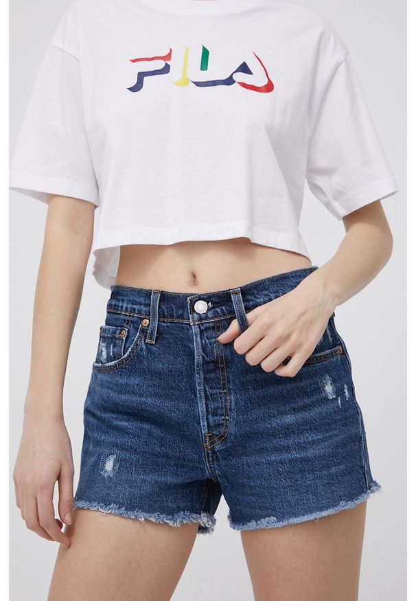 Levi's® - Levi's szorty jeansowe damskie kolor granatowy gładkie high waist. Okazja: na spotkanie biznesowe. Stan: podwyższony. Kolor: niebieski. Materiał: jeans. Wzór: gładki. Styl: biznesowy