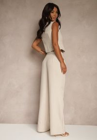 Renee - Beżowy Komplet o Garniturowym Kroju z Wiskozą Spodnie Wide Leg i Top Silosea. Kolor: beżowy. Materiał: wiskoza. Wzór: aplikacja
