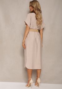Renee - Jasnobeżowa Sukienka z Wiskozy z Trójkątnym Dekoltem i Paskiem z Plecionki Diremia. Okazja: na co dzień. Kolekcja: plus size. Kolor: beżowy. Materiał: wiskoza. Długość rękawa: krótki rękaw. Typ sukienki: proste, dla puszystych. Styl: casual #3