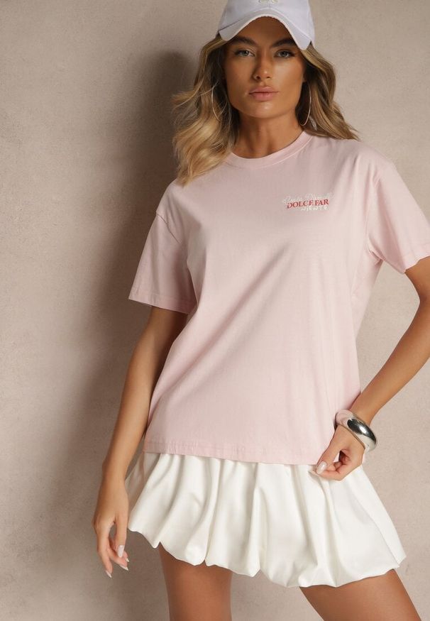 Renee - Jasnoróżowy T-shirt z Bawełny z Nadrukiem Adferia. Okazja: na co dzień. Kolor: różowy. Materiał: bawełna. Wzór: nadruk. Styl: klasyczny, elegancki, casual