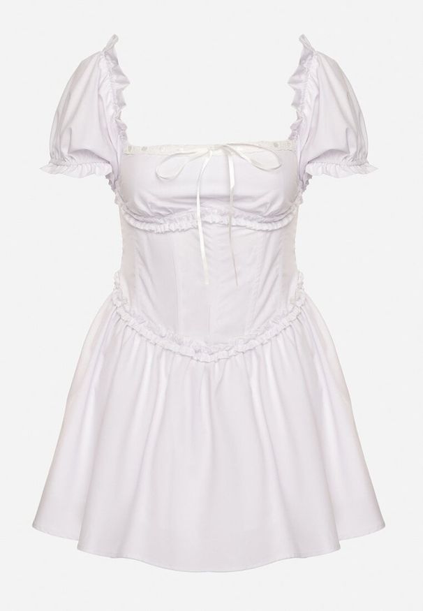 Born2be - Biała Sukienka Vices w Rustykalnym Stylu z Gorsetowym Wiązaniem Tolaviela. Okazja: na spacer, na imprezę. Typ kołnierza: dekolt gorset. Kolor: biały. Materiał: jeans. Wzór: aplikacja. Typ sukienki: gorsetowe. Styl: elegancki