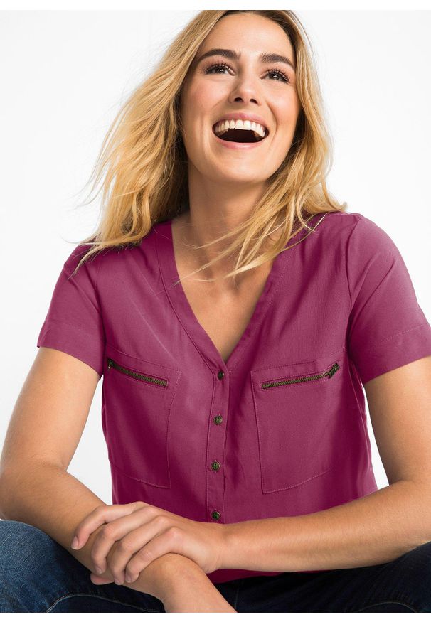bonprix - Bluzka z wiskozy, krótki rękaw. Typ kołnierza: dekolt w serek. Kolor: fioletowy. Materiał: wiskoza. Długość rękawa: krótki rękaw. Długość: krótkie