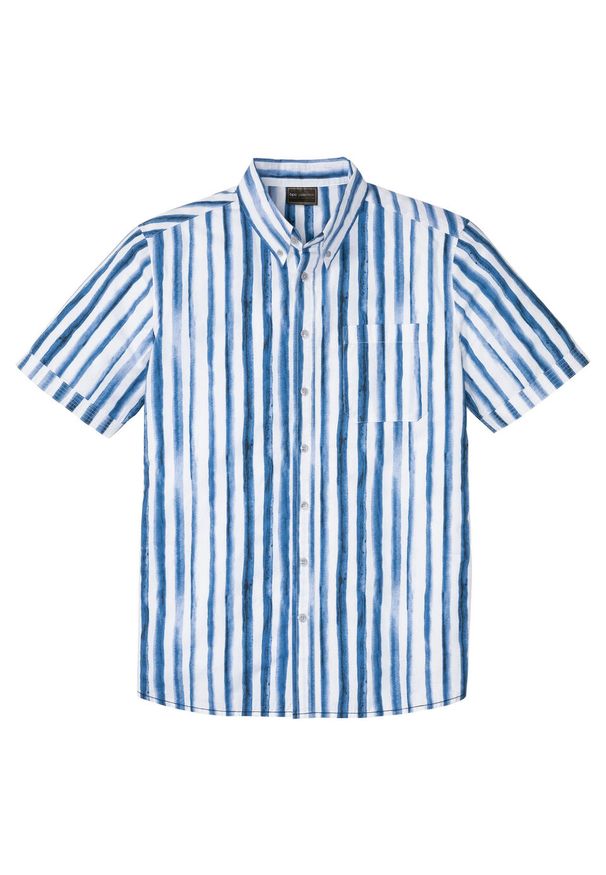 Koszula z krótkim rękawem w paski bonprix biało-niebieski w paski. Kolor: biały. Materiał: materiał. Długość rękawa: krótki rękaw. Długość: krótkie. Wzór: paski