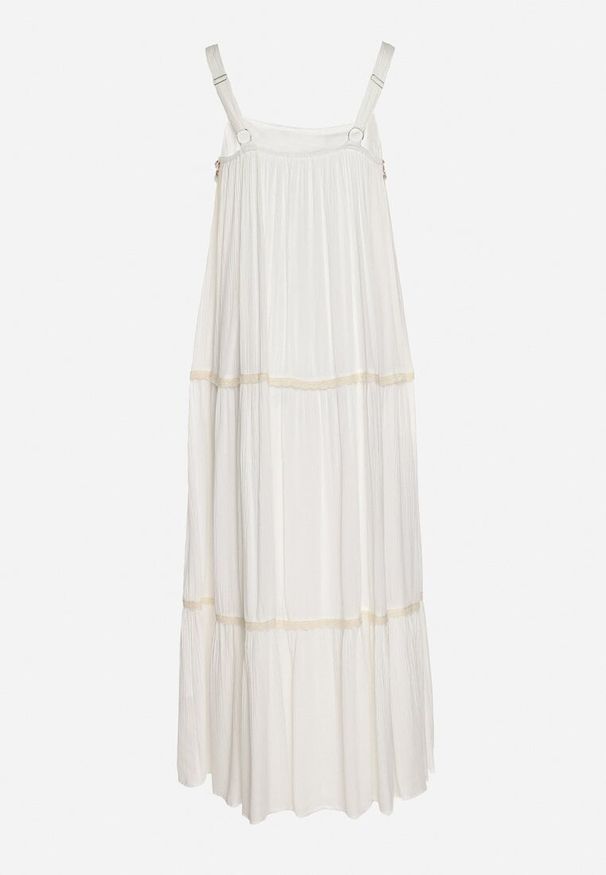 Born2be - Biała Wiskozowa Sukienka o Rozkloszowanym Kroju z Biżuteryjnym Zdobieniem Mevinda. Okazja: na co dzień. Kolor: biały. Materiał: wiskoza. Długość rękawa: na ramiączkach. Wzór: aplikacja. Styl: casual, elegancki