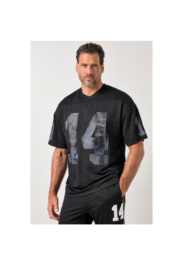 JAY-PI - Męska Koszulka siateczkowa fitness rękaw 1/2 oversize nadruki moro. Kolekcja: plus size. Kolor: czarny. Materiał: poliester, materiał. Wzór: moro, nadruk. Sport: fitness