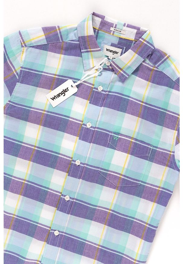 Wrangler - KOSZULA MĘSKA KRÓTKI RĘKAW WRANGLER SS 1PKT SHIRT BEACH GLASS W5860NQWD 112129522. Materiał: materiał. Długość rękawa: krótki rękaw. Długość: krótkie. Wzór: kratka