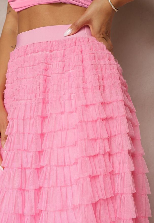 Renee - Różowa Spódnica Tiulowa z Gumką w Talii Ozdobiona Falbanami Missalisha. Okazja: na co dzień, na imprezę. Kolor: różowy. Materiał: tiul. Wzór: aplikacja. Sezon: wiosna, lato. Styl: casual, elegancki