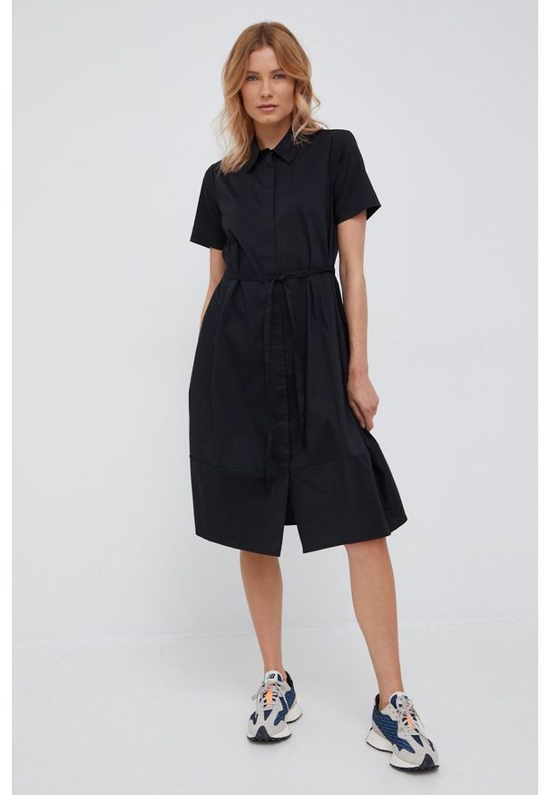 DKNY - Dkny sukienka kolor czarny midi rozkloszowana. Kolor: czarny. Materiał: tkanina. Długość rękawa: krótki rękaw. Typ sukienki: rozkloszowane. Długość: midi