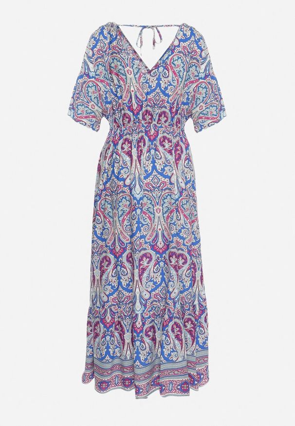 Born2be - Niebiesko-Fuksjowa Sukienka Maxi z Wiskozy w Stylu Boho z Wzorem Paisley i Gumką w Pasie Naroli. Okazja: na co dzień, na spacer. Typ kołnierza: dekolt w kształcie V. Kolor: niebieski. Materiał: wiskoza. Wzór: paisley. Sezon: lato. Styl: boho. Długość: maxi