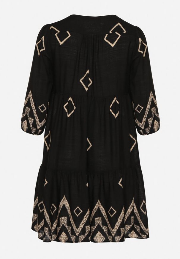 Born2be - Czarna Bawełniana Sukienka Pudełkowa w Geometryczny Wzór Claradina. Kolekcja: plus size. Kolor: czarny. Materiał: bawełna. Wzór: geometria. Typ sukienki: dla puszystych. Styl: elegancki