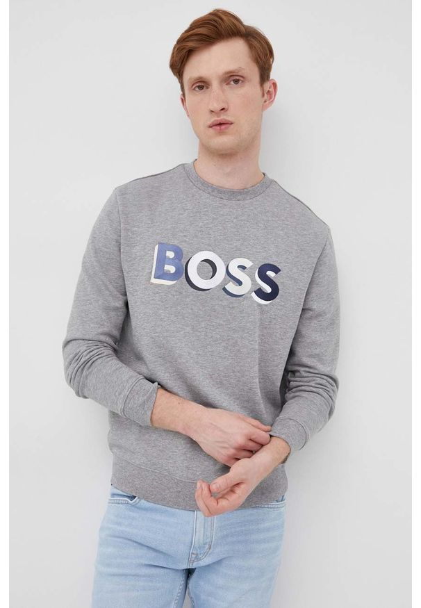 BOSS bluza bawełniana BOSS CASUAL 50466690 męska kolor szary z aplikacją. Okazja: na co dzień. Kolor: szary. Materiał: bawełna. Wzór: aplikacja. Styl: casual