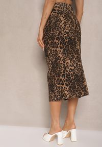 Renee - Brązowa Bawełniana Spódnica w Panterkę High Waist z Rozcięciem z Przodu Harilie. Okazja: na co dzień. Stan: podwyższony. Kolor: brązowy. Materiał: bawełna. Wzór: motyw zwierzęcy. Styl: elegancki, casual
