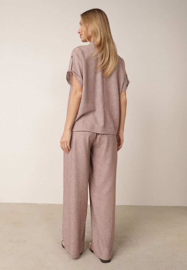 Born2be - Beżowy Letni Komplet Oversize z Bawełny i Lnu Szerokie Spodnie i Koszula Phellame. Kolor: beżowy. Materiał: len, bawełna