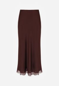 Born2be - Brązowa Satynowa Spódnica z Koronkowym Zdobieniem Silfera. Okazja: na co dzień, na spotkanie biznesowe. Kolor: brązowy. Materiał: satyna, koronka. Wzór: aplikacja. Styl: biznesowy, klasyczny, casual #6