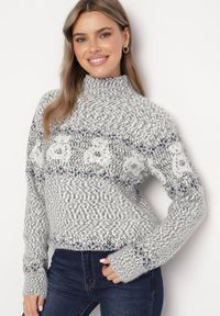 Born2be - Ciemnoszary Sweter z Wełną w Misiowy Wzór ze Ściągaczami Dorizelle. Okazja: na co dzień. Kolor: szary. Materiał: wełna. Styl: klasyczny, casual #5