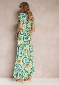 Renee - Zielona Kopertowa Sukienka Maxi z Materiałowym Paskiem i Gumką w Talii z Bawełny Alyn. Kolor: zielony. Materiał: bawełna, materiał. Długość rękawa: krótki rękaw. Sezon: lato, wiosna. Typ sukienki: kopertowe. Długość: maxi #5