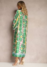 Renee - Zielona Pudełkowa Sukienka z Satynowej Tkaniny w Ornamentalny Wzór Allilena. Kolor: zielony. Materiał: satyna, tkanina