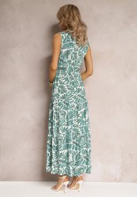 Renee - Zielona Sukienka Maxi z Wiskozy o Rozkloszowanym Kroju Ozdobiona Falbanką i Paskiem Ninaste. Kolor: zielony. Materiał: wiskoza. Wzór: aplikacja. Długość: maxi