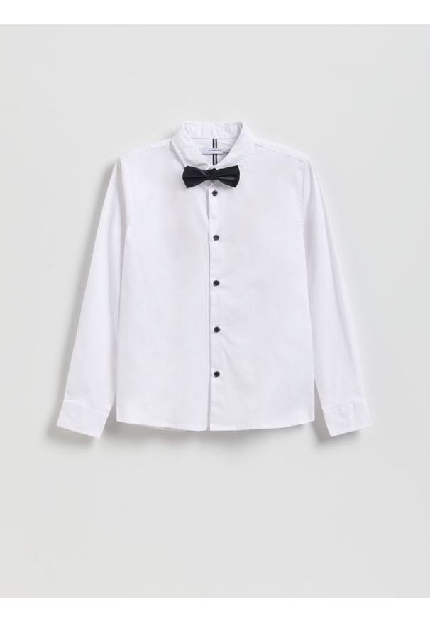 Reserved - Elegancka koszula z muchą - biały. Kolor: biały. Materiał: tkanina, bawełna. Styl: elegancki