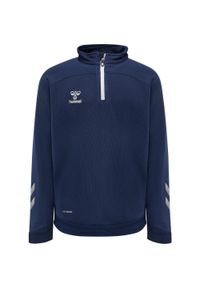 Dziecięca bluza dresowa z półzamkiem Hummel Lead. Kolor: niebieski. Materiał: dresówka. Wzór: jodełka, nadruk