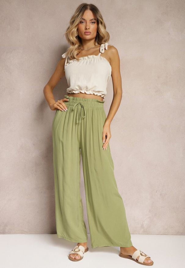 Renee - Zielone Spodnie Palazzo High Waist z Bawełny Wykończone Gumką w Talii Nellsea. Okazja: na co dzień. Stan: podwyższony. Kolor: zielony. Materiał: bawełna. Styl: casual, elegancki