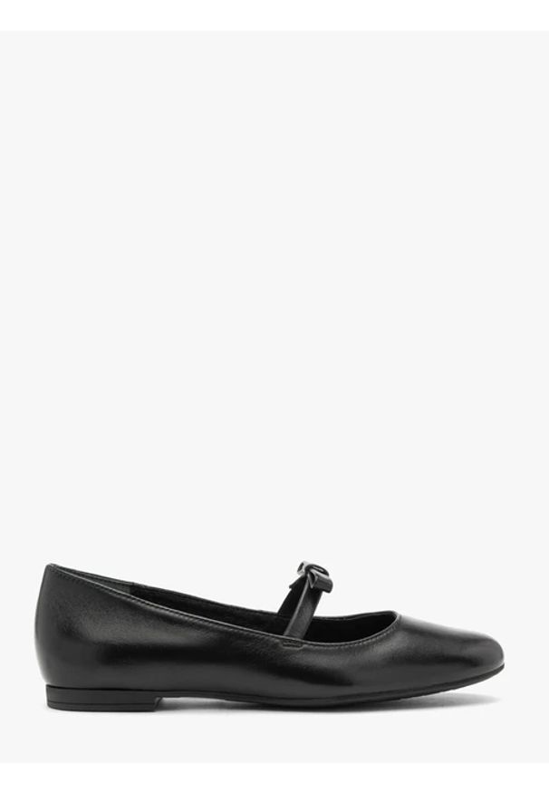 Ryłko - Czarne skórzane baleriny z paskiem. Okazja: na co dzień. Zapięcie: pasek. Kolor: czarny. Materiał: skóra. Wzór: aplikacja. Styl: retro, street, casual, elegancki