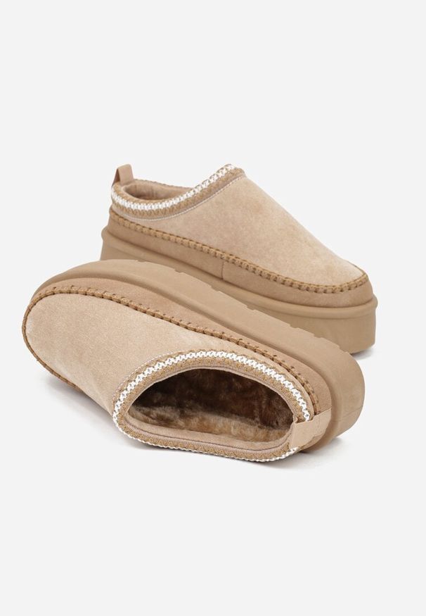 Born2be - Ciemnobeżowe Śniegowce Ocieplone na Platformie z Ozdobnym Wyszywaniem Reitenna. Okazja: na co dzień. Kolor: beżowy. Materiał: jeans. Obcas: na platformie. Styl: elegancki, casual, klasyczny