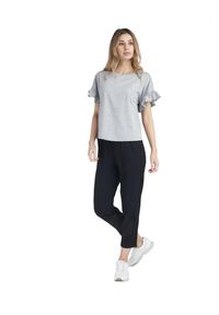 LEONE 1947 APPAREL - Błyszcząca damska koszulka z krótkim rękawem i falbaną. Kolor: szary. Materiał: tkanina. Długość rękawa: krótki rękaw. Długość: krótkie. Sport: fitness
